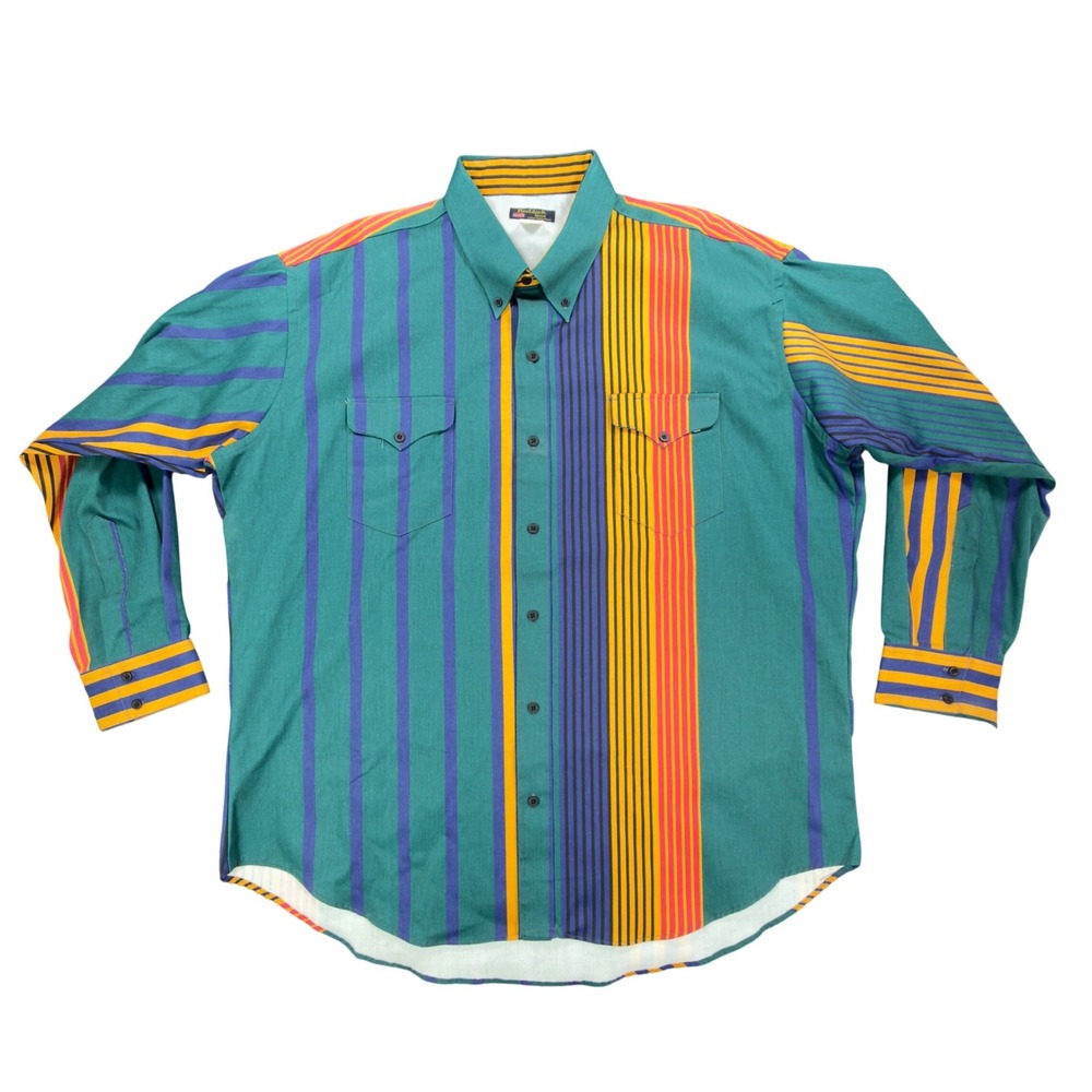 Ruddock Bros Vintage Western Shirt Mens 18.5 Green Striped‎ Cotton Excellent